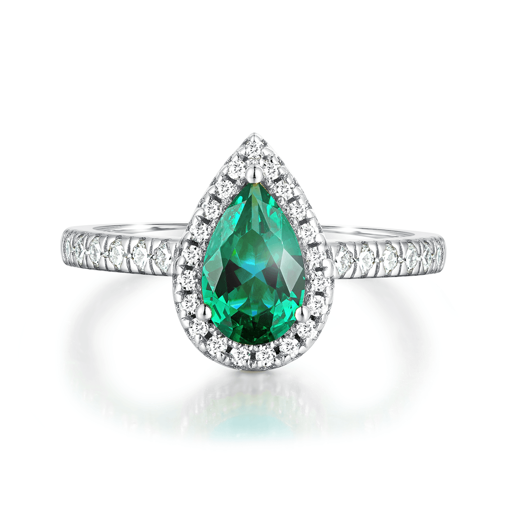 925 Sterling Silver 1.5CT. Pear Shaped Emerald Ring White Sapphire Halo Accents