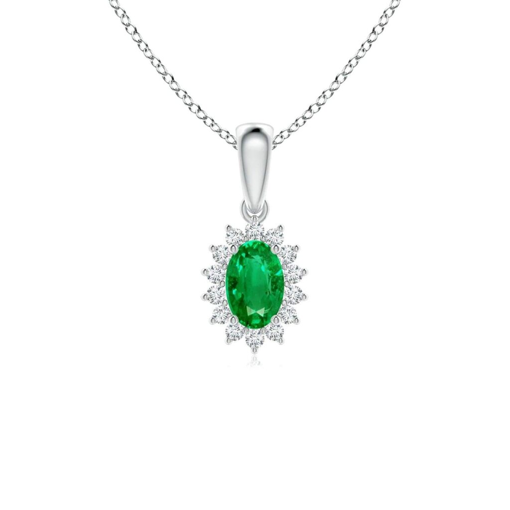 925 Sterling Silver 1.64CT. Floral Halo Oval Emerald Pendant