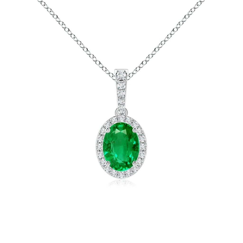 925 Sterling Silver 1.69CT. Vintage Style Oval Emerald Halo Pendant