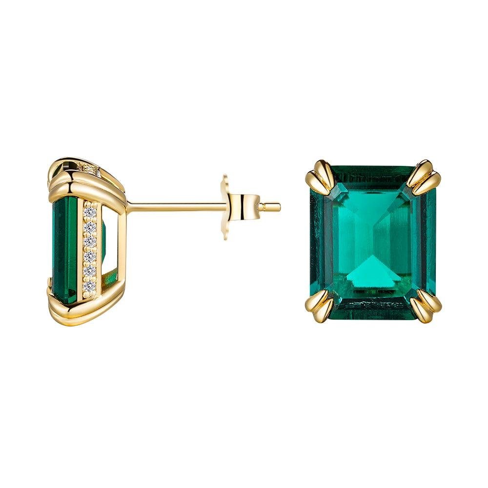 925 Sterling Silver 10 Ctw Double Prong Set Emerald Cut Emerald Stud Earrings