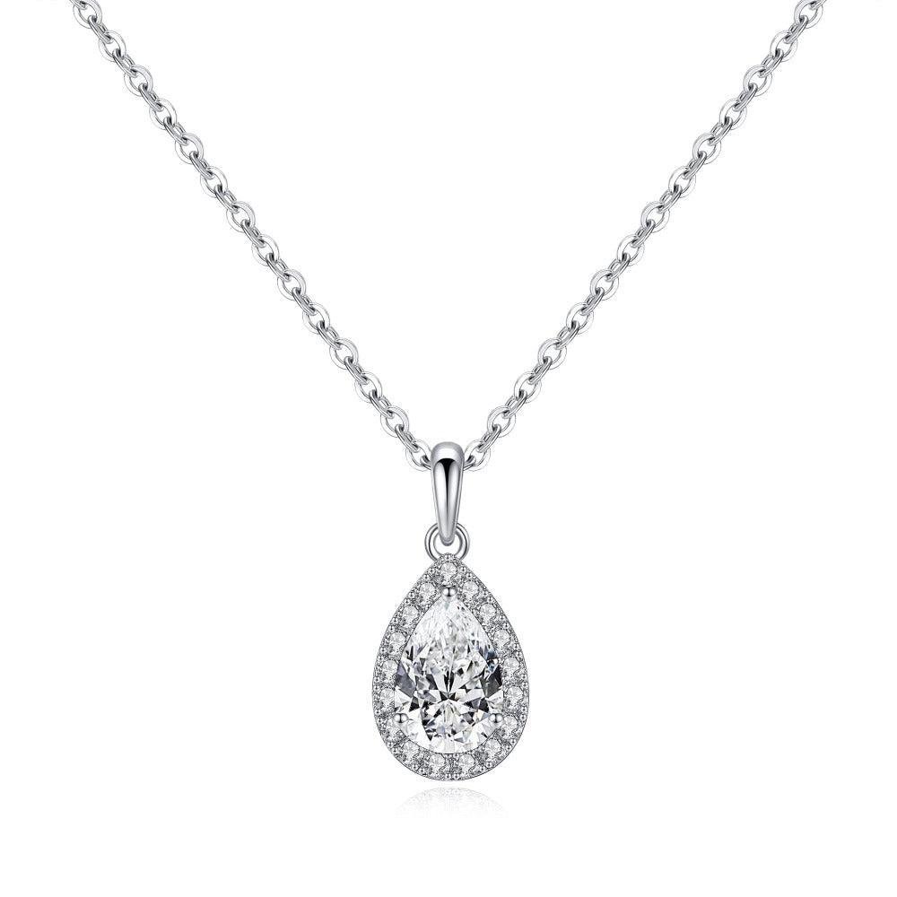 925 Sterling Silver 1CT. Halo Pear Diamond Pendant Necklace