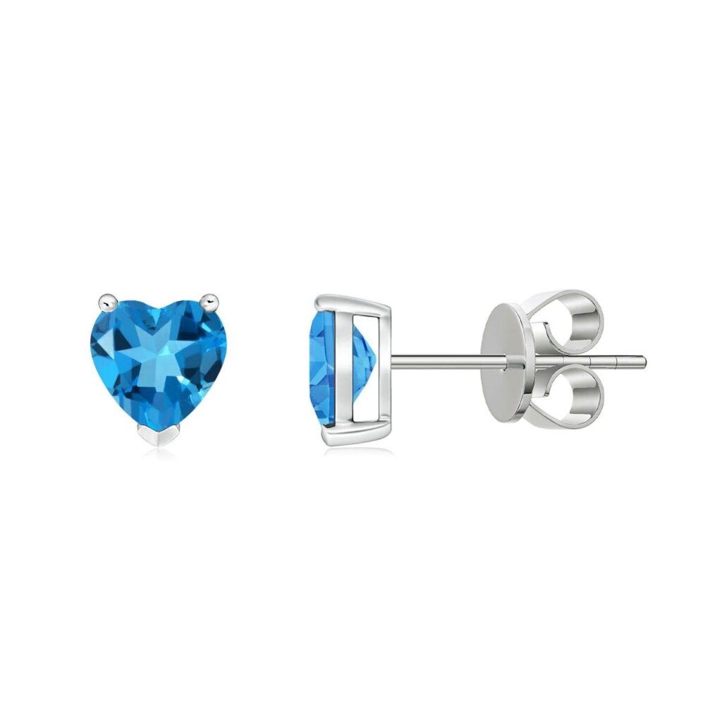925 Sterling Silver 1CT. Solitaire Heart Shaped Swiss Blue Topaz Stud Earrings