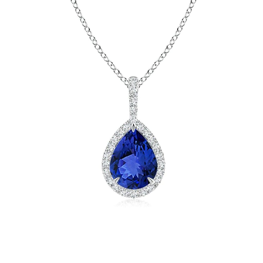 925 Sterling Silver 1CT. Tanzanite Pear Shape Pendant Pave Diamond Halo