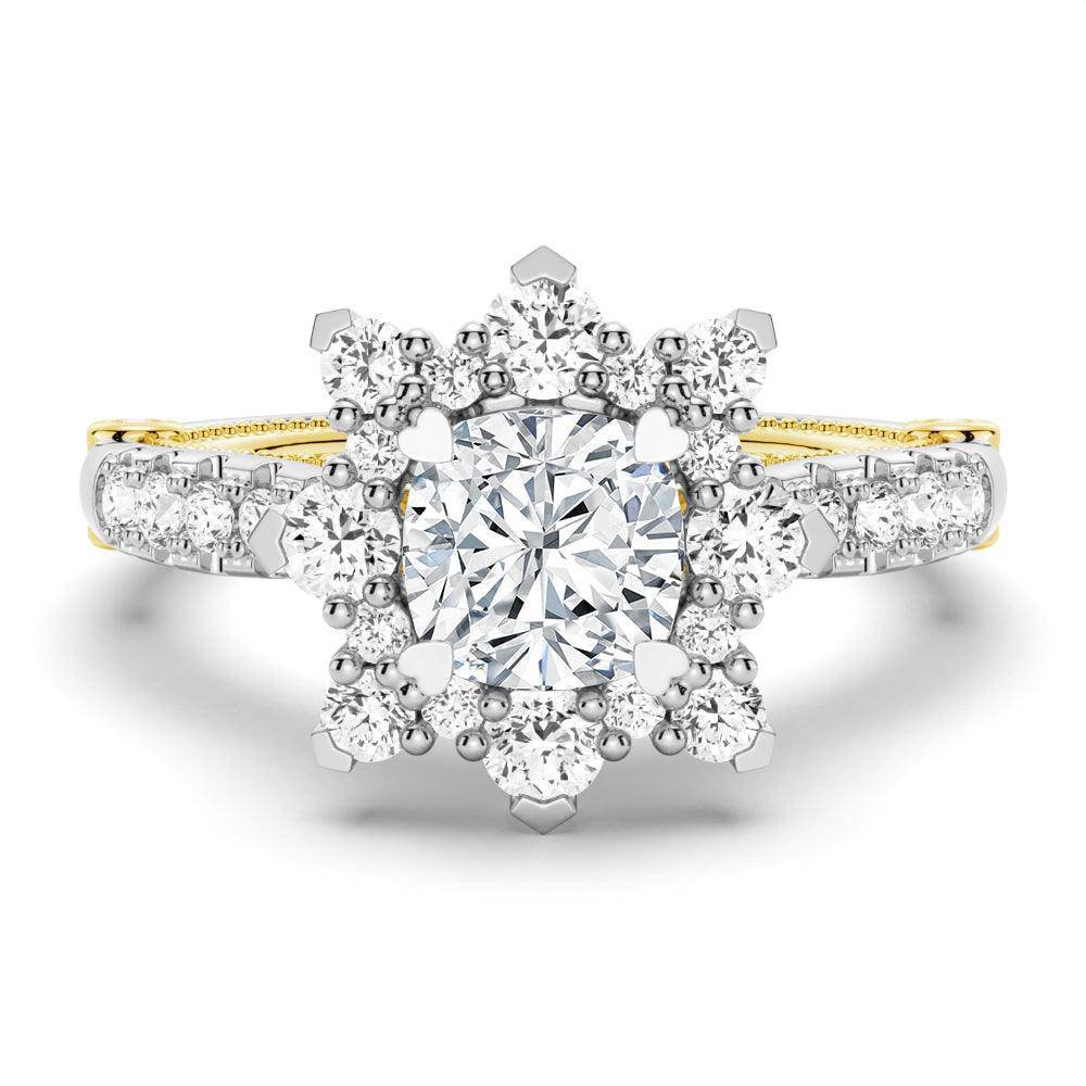 925 Sterling Silver 1CT. Vintage Inspired Two Tone Cushion Halo Diamond Engagement Ring