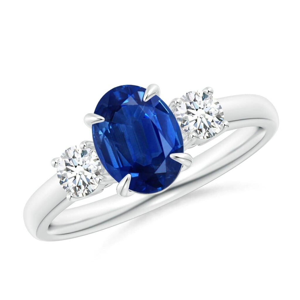 925 Sterling Silver 2.0CT. Oval Blue Sapphire and White Sapphire Three Stone Diamond Ring