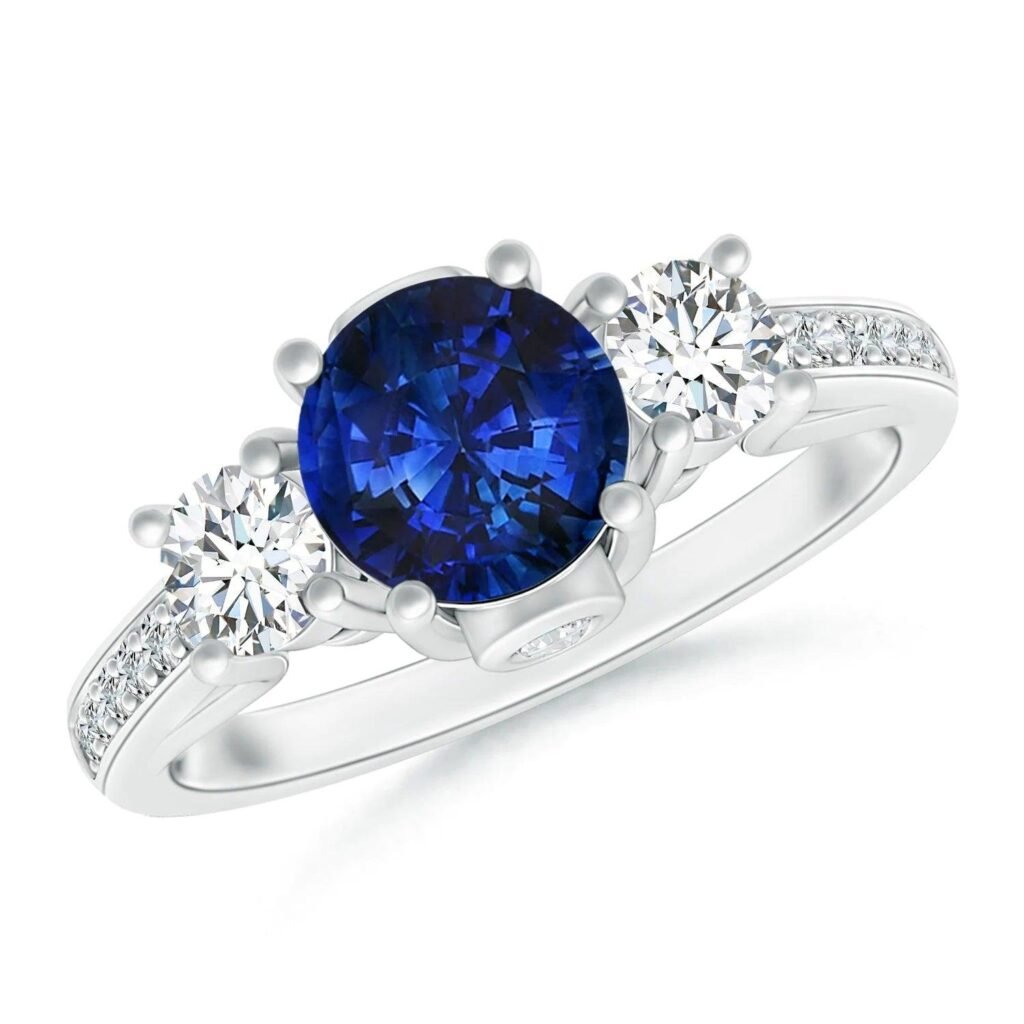 925 Sterling Silver 2.5CT. Classic Blue Sapphire and White Sapphire Three Stone Diamond Ring