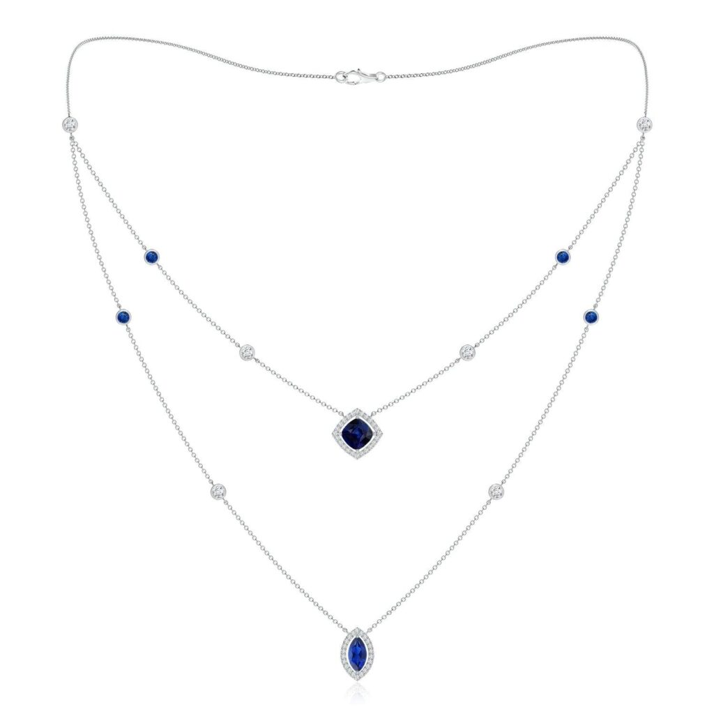925 Sterling Silver 2.6CT. Cushion and Marquise Cut Sapphire Halo Layered Diamond Necklace