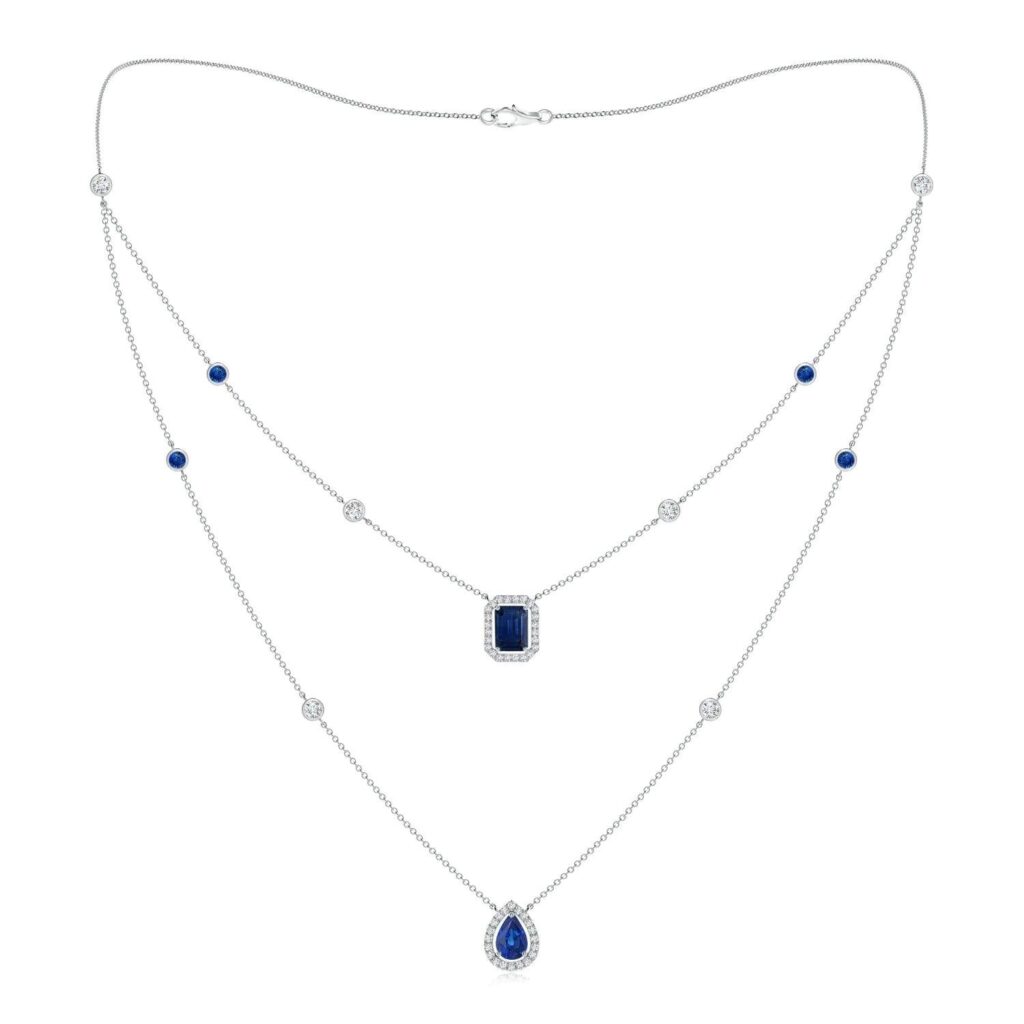 925 Sterling Silver 2.98CT. Pear and Emerald Cut Sapphire Halo Layered Diamond Necklace