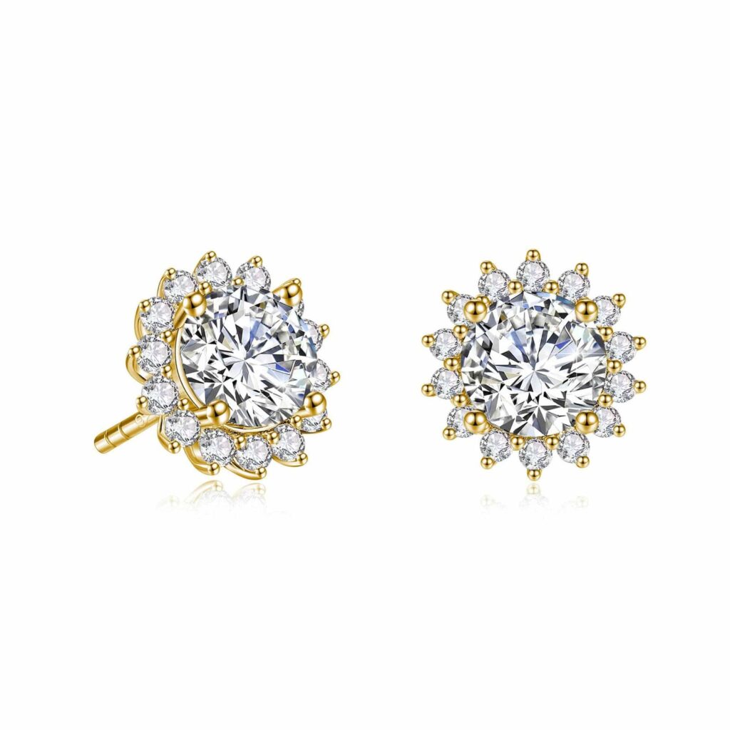 925 Sterling Silver 2 Ctw. Sunflower Round Diamond Stud Earrings