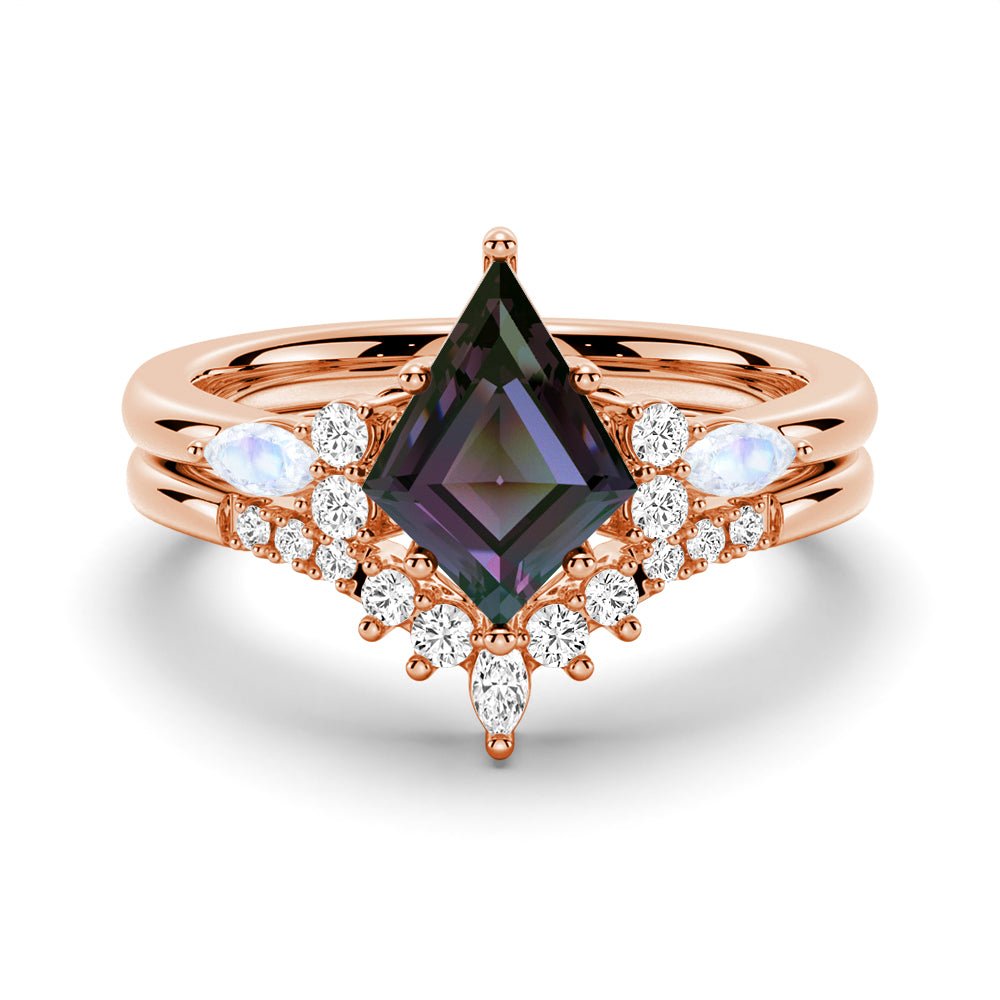 925 Sterling Silver 2CT. Art Deco Kite Cut Alexandrite Diamond Engagement Ring Set Moonstone Accents