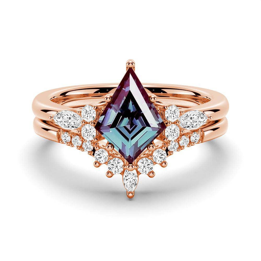 925 Sterling Silver 2CT. Art Deco Kite Cut Alexandrite Engagement Ring Set Diamond Accents