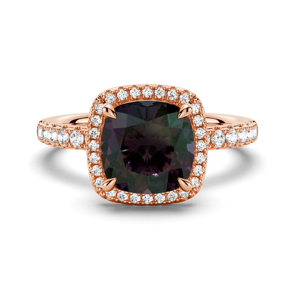 925 Sterling Silver 2CT. Cushion Cut Alexandrite Engagement Diamond Ring Halo Pave