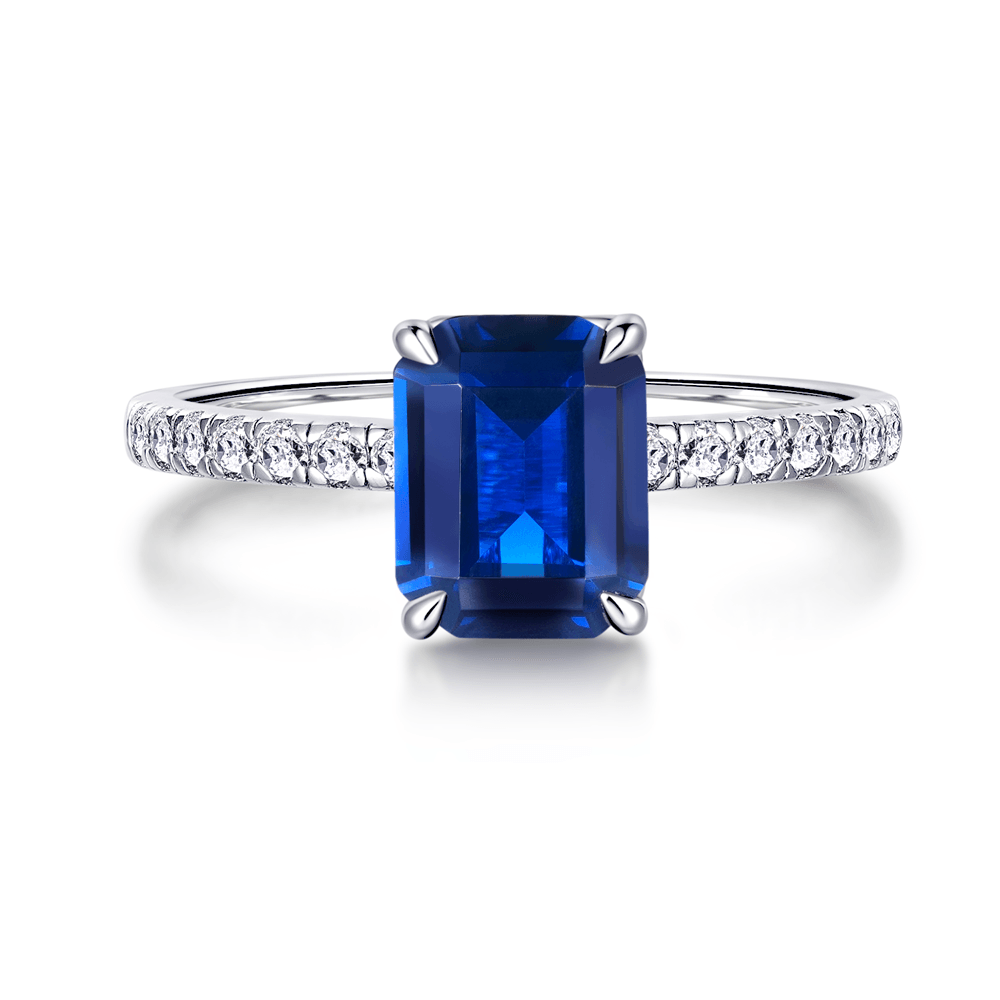 925 Sterling Silver 2CT. Emerald Cut Blue Sapphire and White Sapphire Diamond Ring