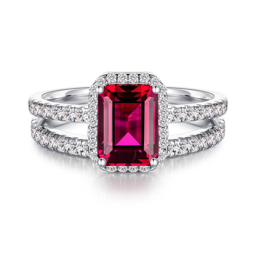 925 Sterling Silver 2CT. Emerald Cut Ruby Bridal Set