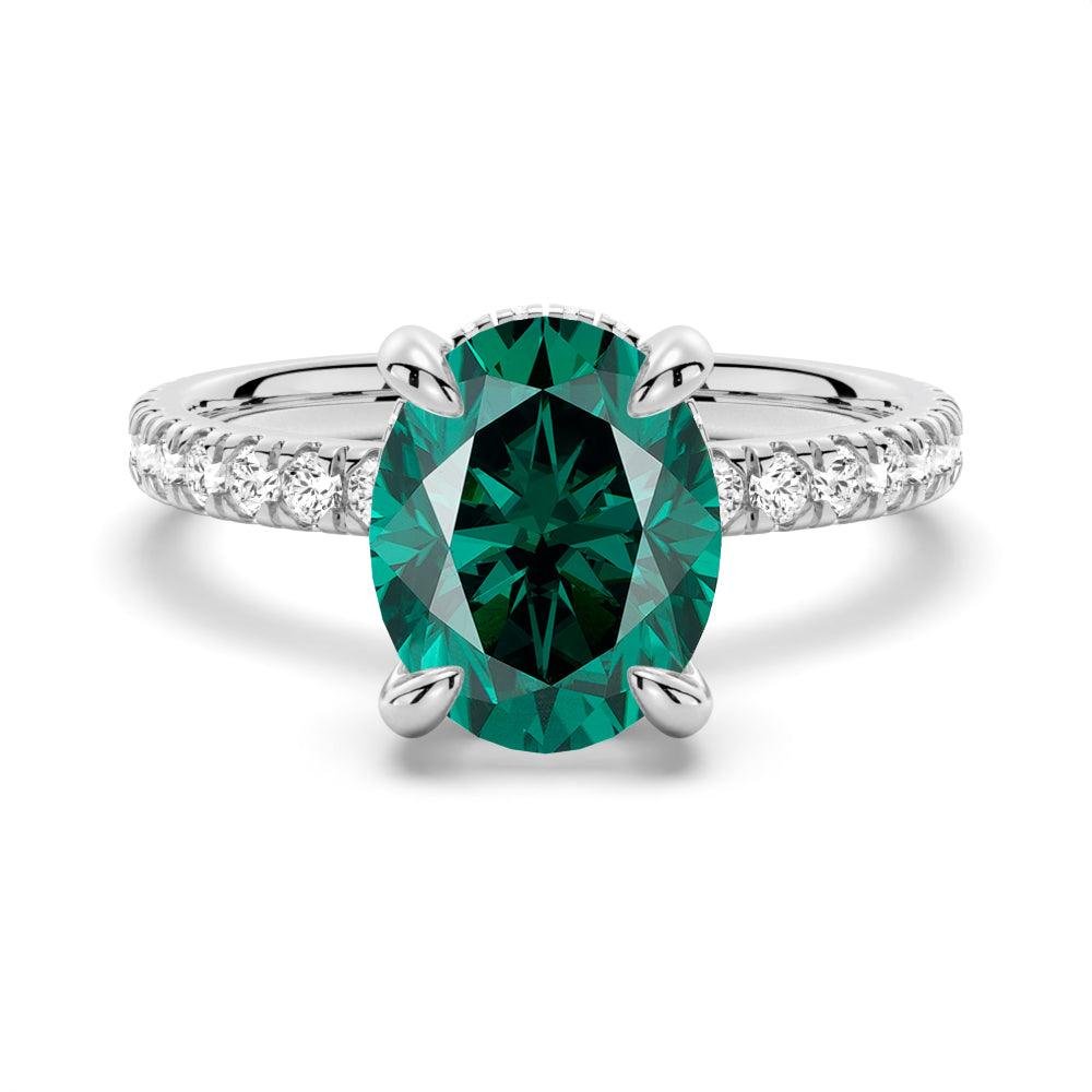 925 Sterling Silver 2CT. Micropave Oval Green Diamond Engagement Ring Hidden Halo