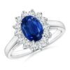925 Sterling Silver 2CT. Oval Sapphire Ring Sunburst Diamond Halo
