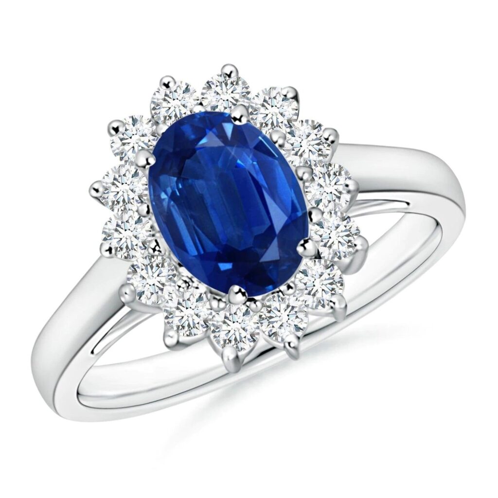 925 Sterling Silver 2CT. Oval Sapphire Ring Sunburst Diamond Halo