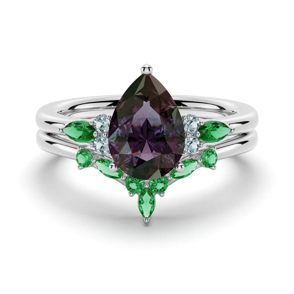 925 Sterling Silver 2CT. Pear Shaped Alexandrite Diamond Engagement Ring Set Emerald Accents