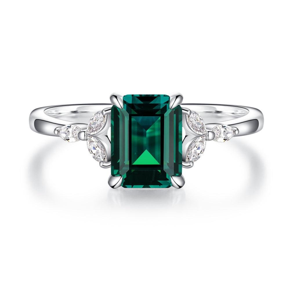 925 Sterling Silver 2CT. Petite Emerald Cut Emerald Diamond Ring