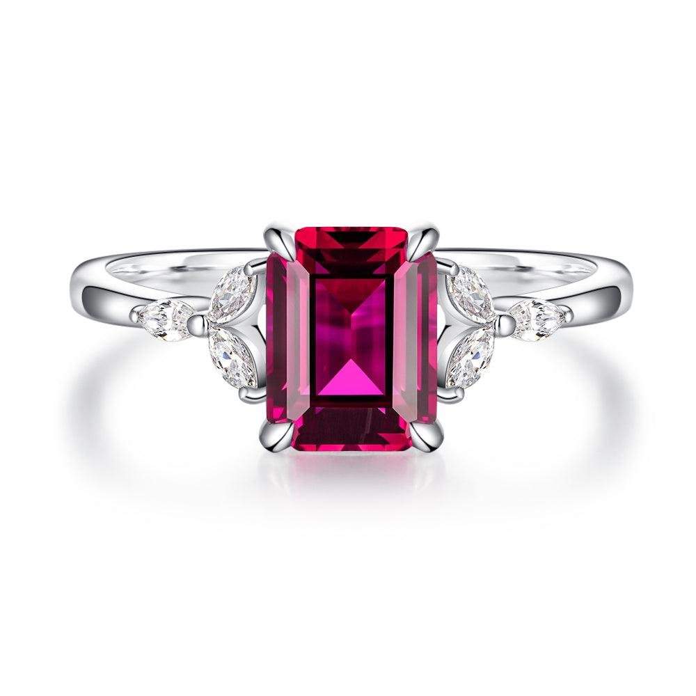 925 Sterling Silver 2CT. Petite Emerald Cut Ruby Diamond Ring