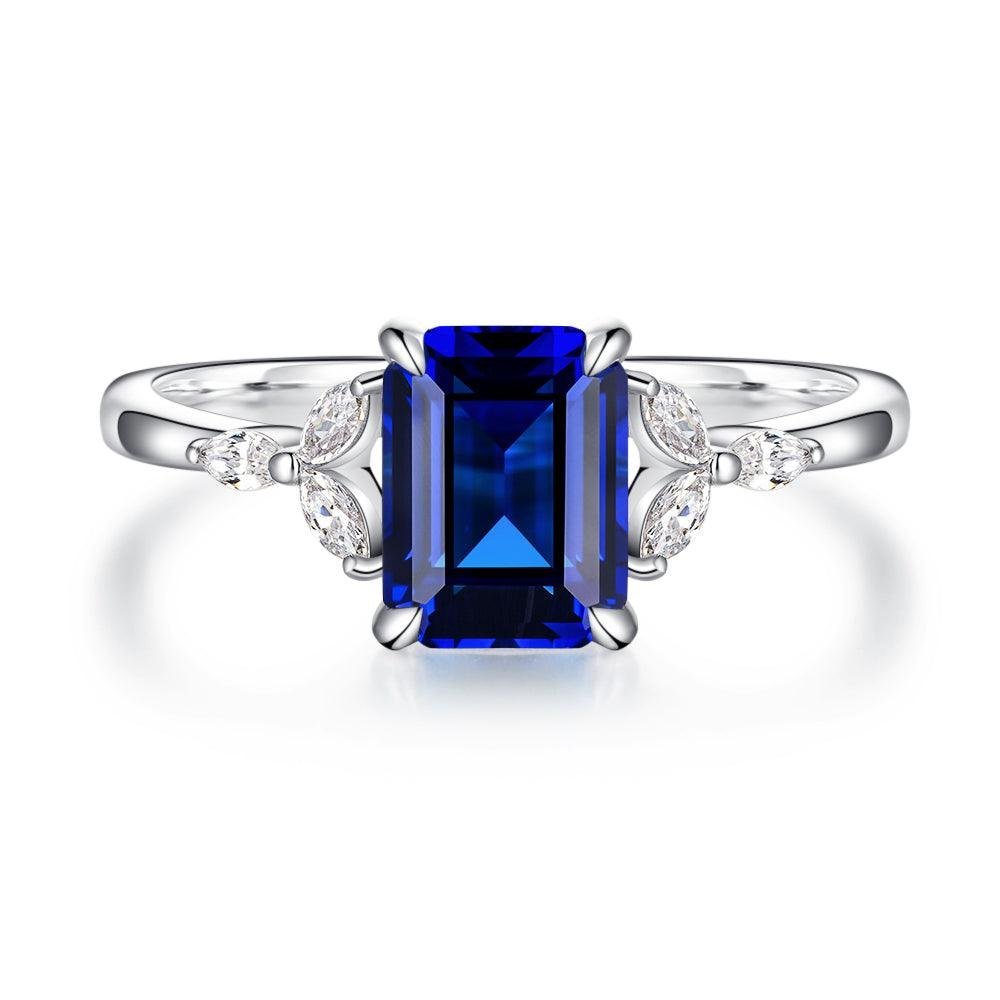 925 Sterling Silver 2CT. Petite Emerald Cut Sapphire Diamond Ring