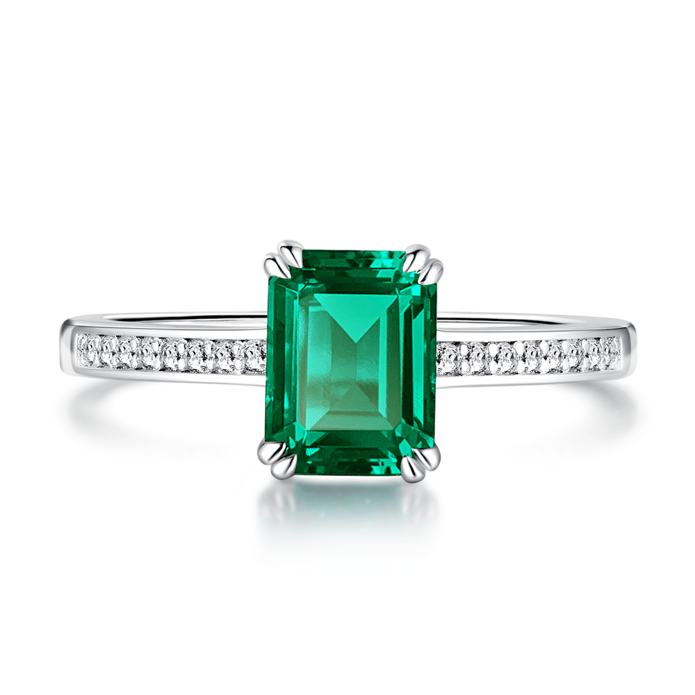 925 Sterling Silver 2CT. Petite Micropave Emerald Cut Emerald Ring