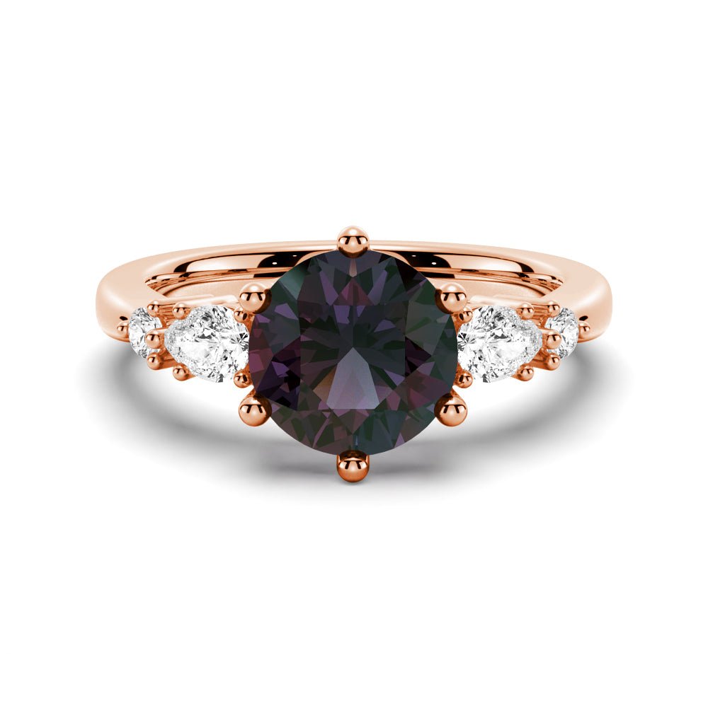 925 Sterling Silver 2CT. Round Cut Alexandrite Engagement Ring Pear Shaped Diamond Accents