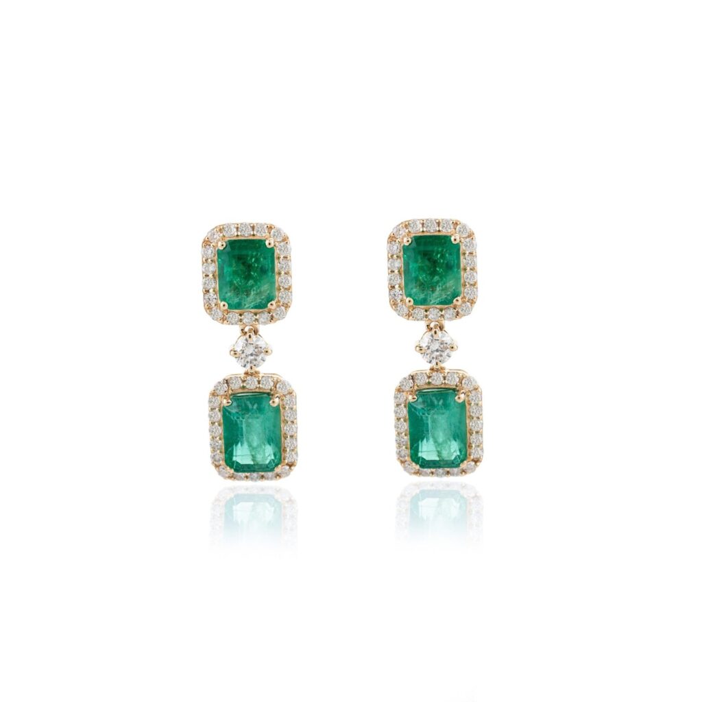 925 Sterling Silver 3.77CT Emerald and Halo Diamond Dangle Earrings