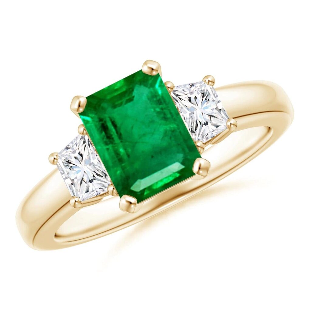 925 Sterling Silver 3CT. Emerald Cut Emerald and White Sapphire Three Stone Ring