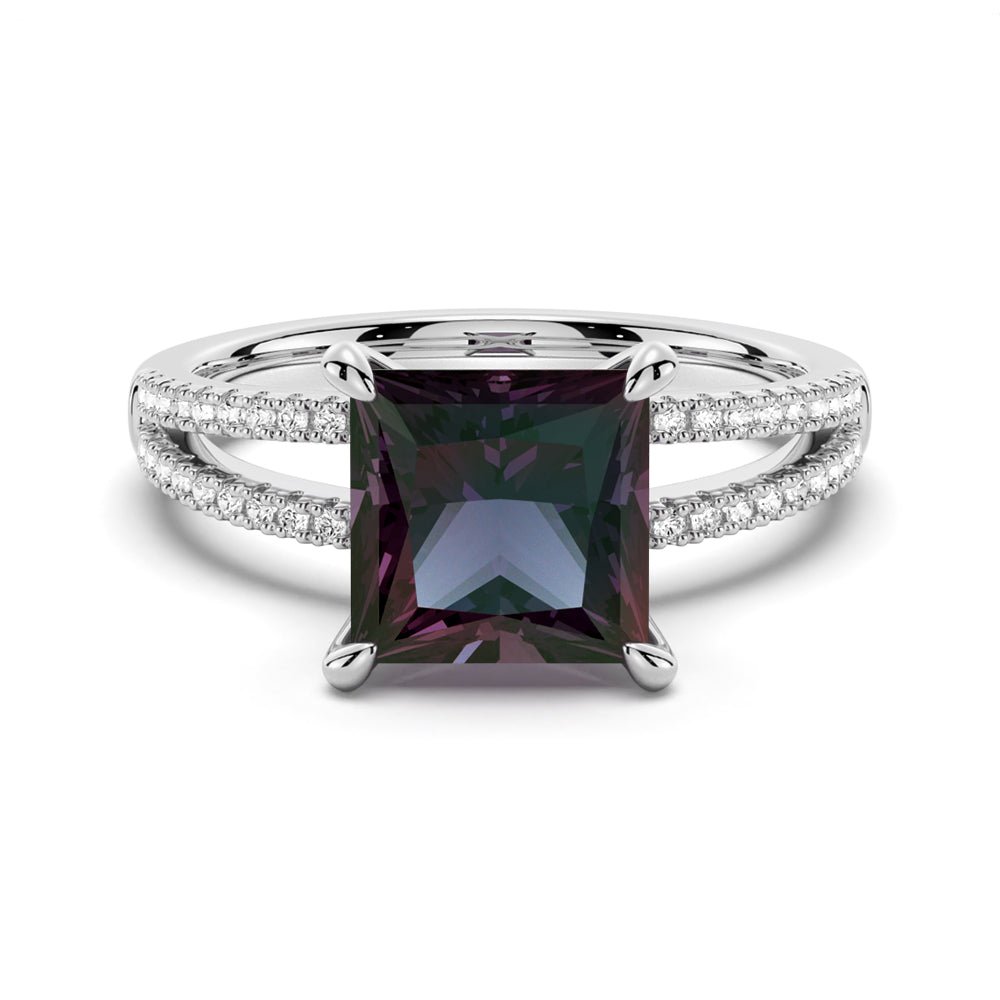 925 Sterling Silver 3CT. Princess Cut Alexandrite Diamond Engagement Ring Split Band