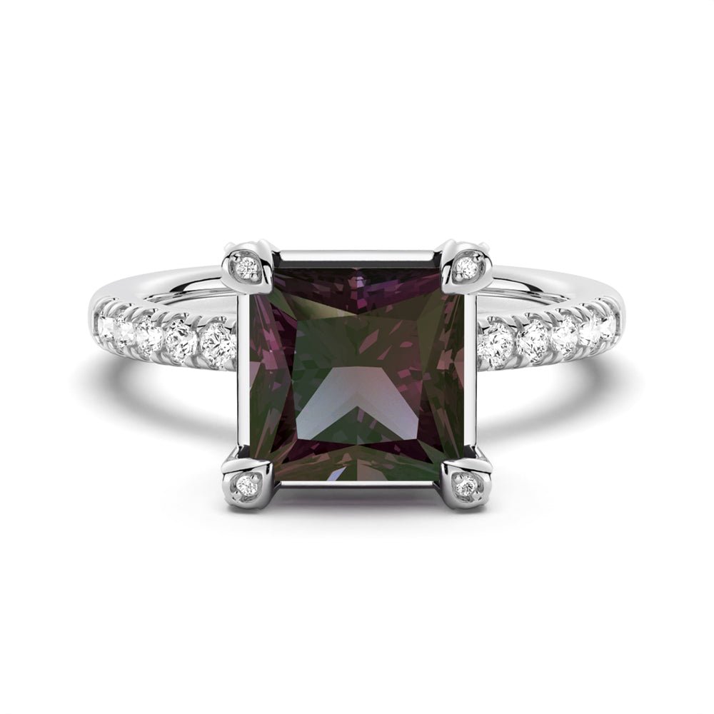 925 Sterling Silver 3CT. Princess Cut Alexandrite Engagement Diamond Ring Accents