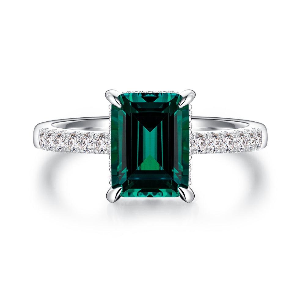 925 Sterling Silver 3CT. Side Stone Emerald Diamond Engagement Ring Hidden Halo