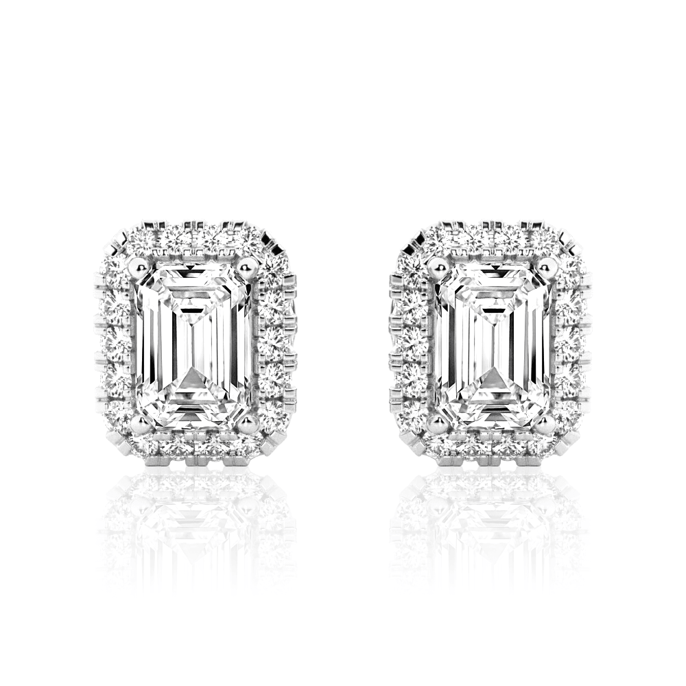 925 Sterling Silver 4.14 Ctw Emerald Cut Diamond Halo Stud Earrings