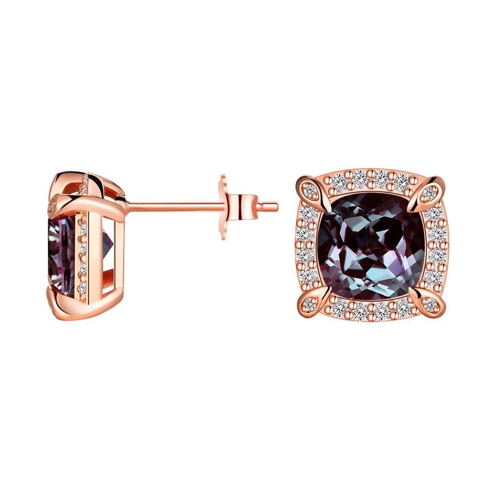 925 Sterling Silver 4 Ctw Cushion Cut Alexandrite Diamond Pave Stud Earrings
