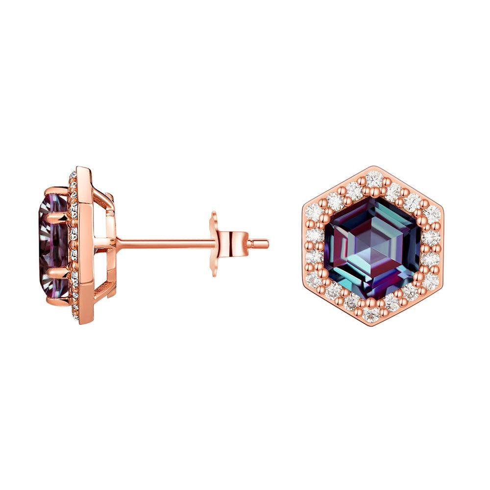 925 Sterling Silver 4 Ctw Hexagon Cut Alexandrite Diamond Pave Stud Earrings