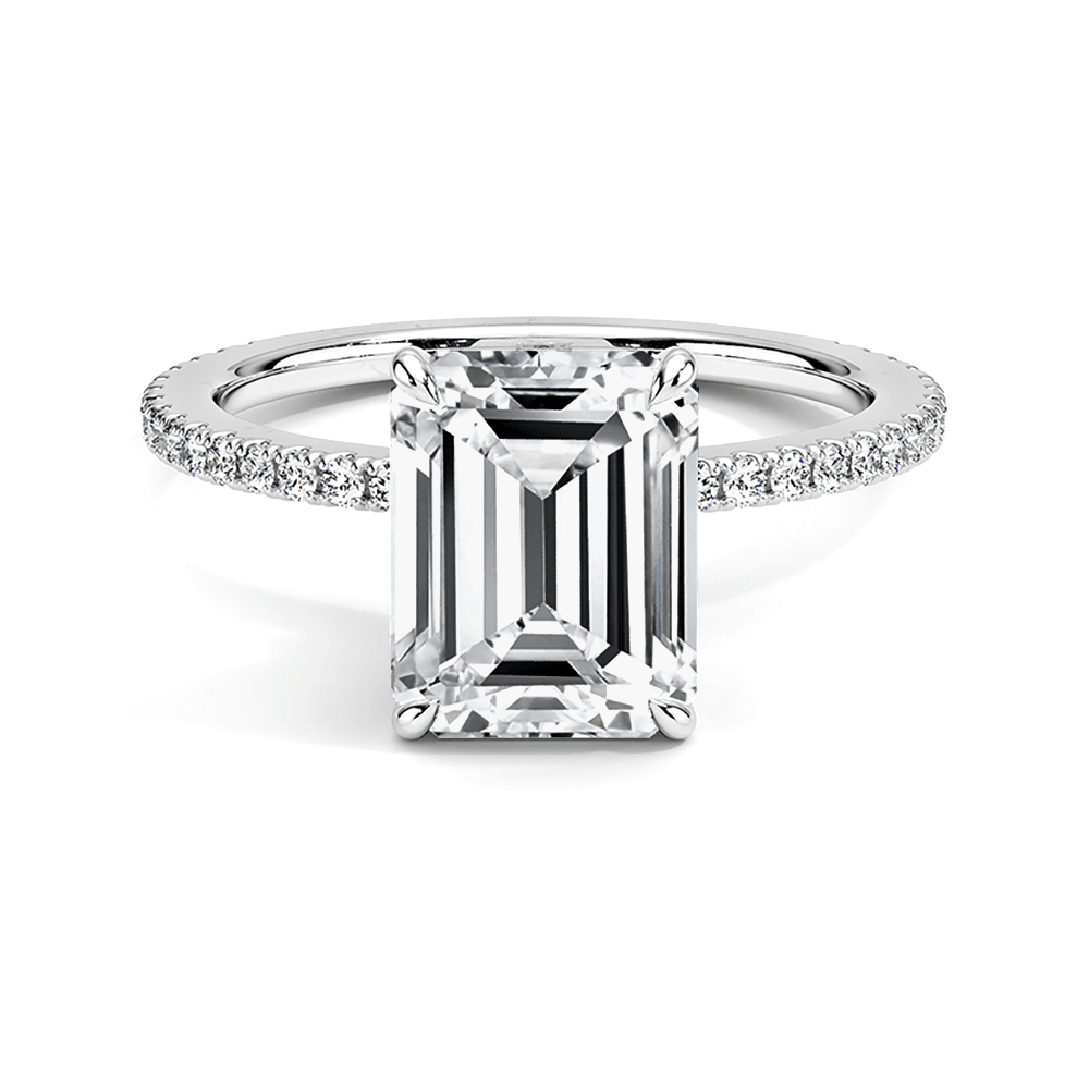 925 Sterling Silver 4 Prong Accented Emerald Cut Diamond Engagement Ring Hidden Halo