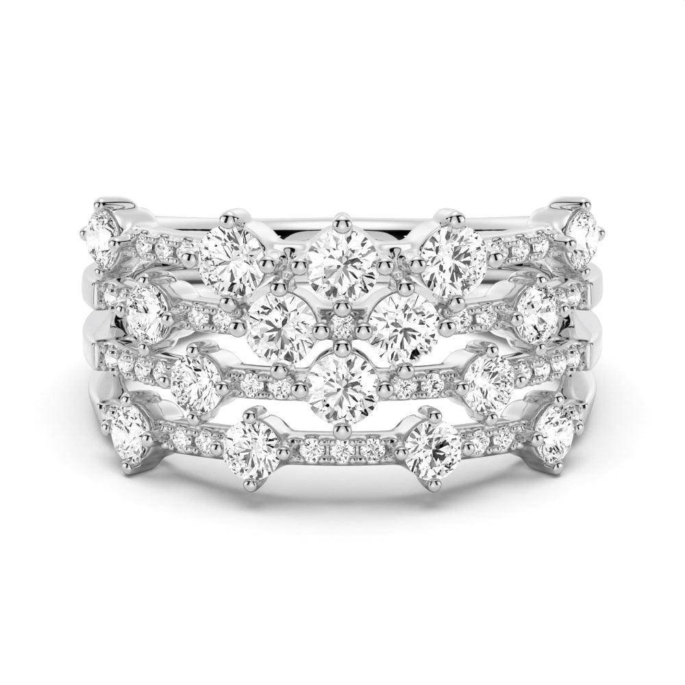 925 Sterling Silver 4 Row Round Cluster Diamond Anniversary Fashion Ring