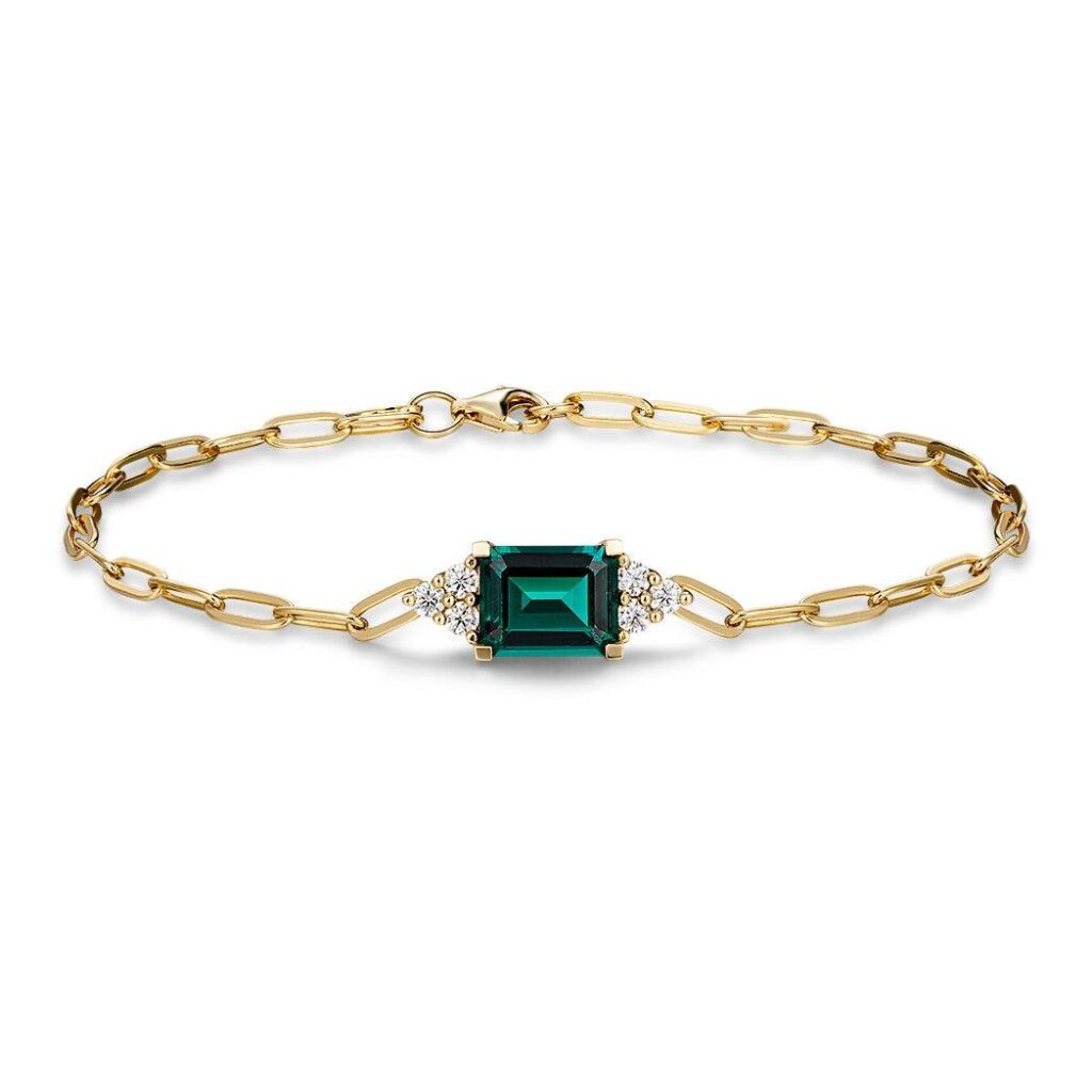 925 Sterling Silver 4CT. Emerald Cut Emerald Paperclip Bracelet