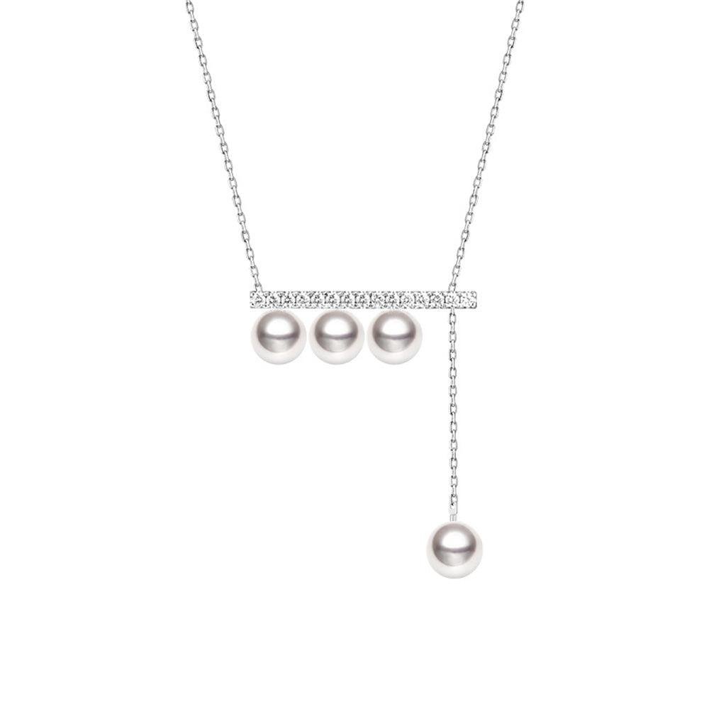 925 Sterling Silver 6MM Freshwater Cultured Pearl Balance Beam Diamond Necklace Pave