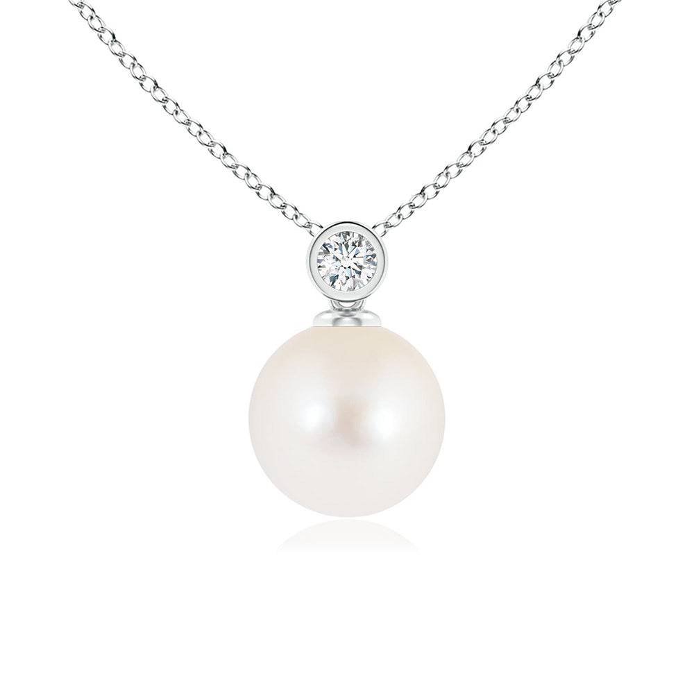 925 Sterling Silver 8MM Freshwater Cultured Pearl Pendant Bezel Set Diamond