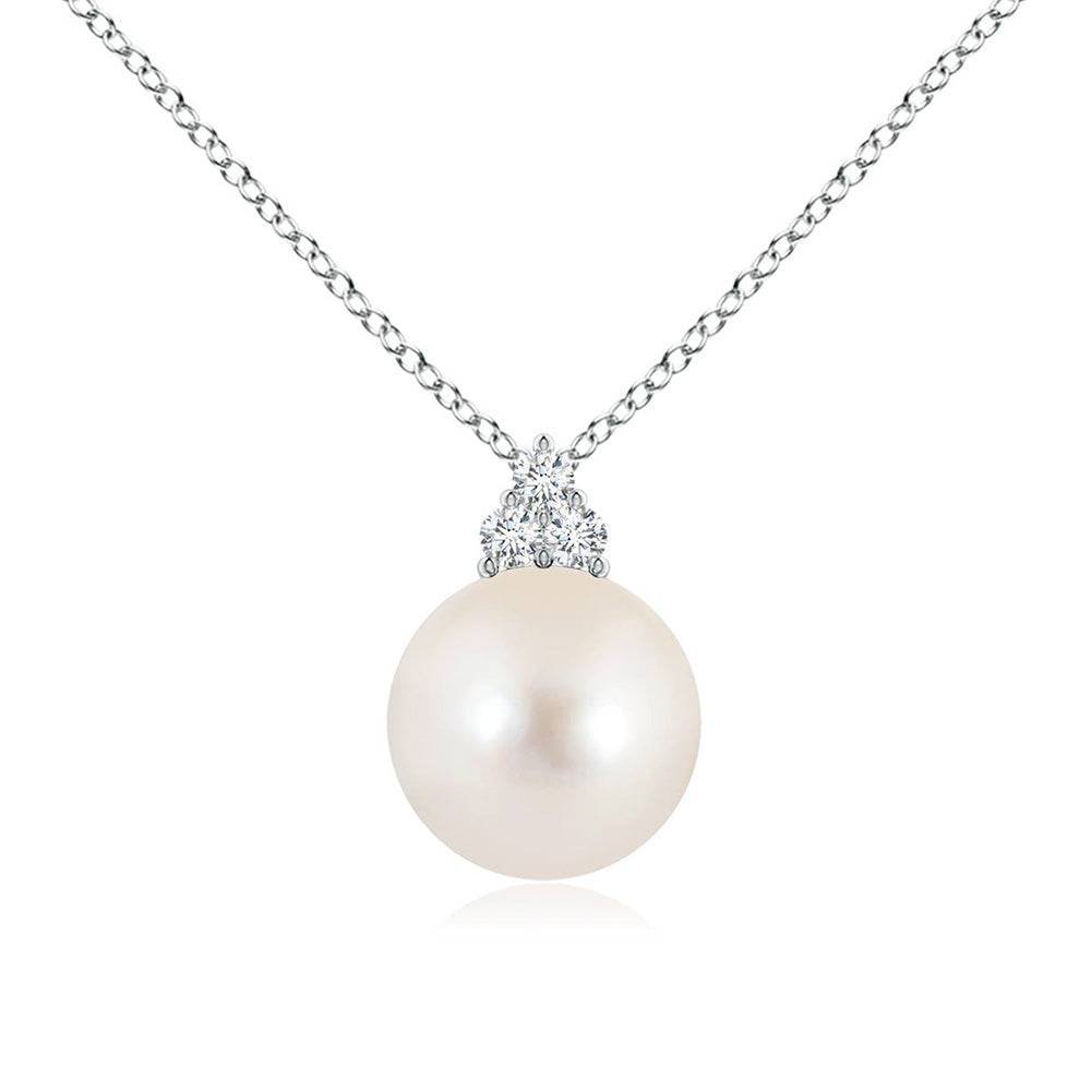925 Sterling Silver 8MM Freshwater Cultured Pearl Pendant Trio Diamond