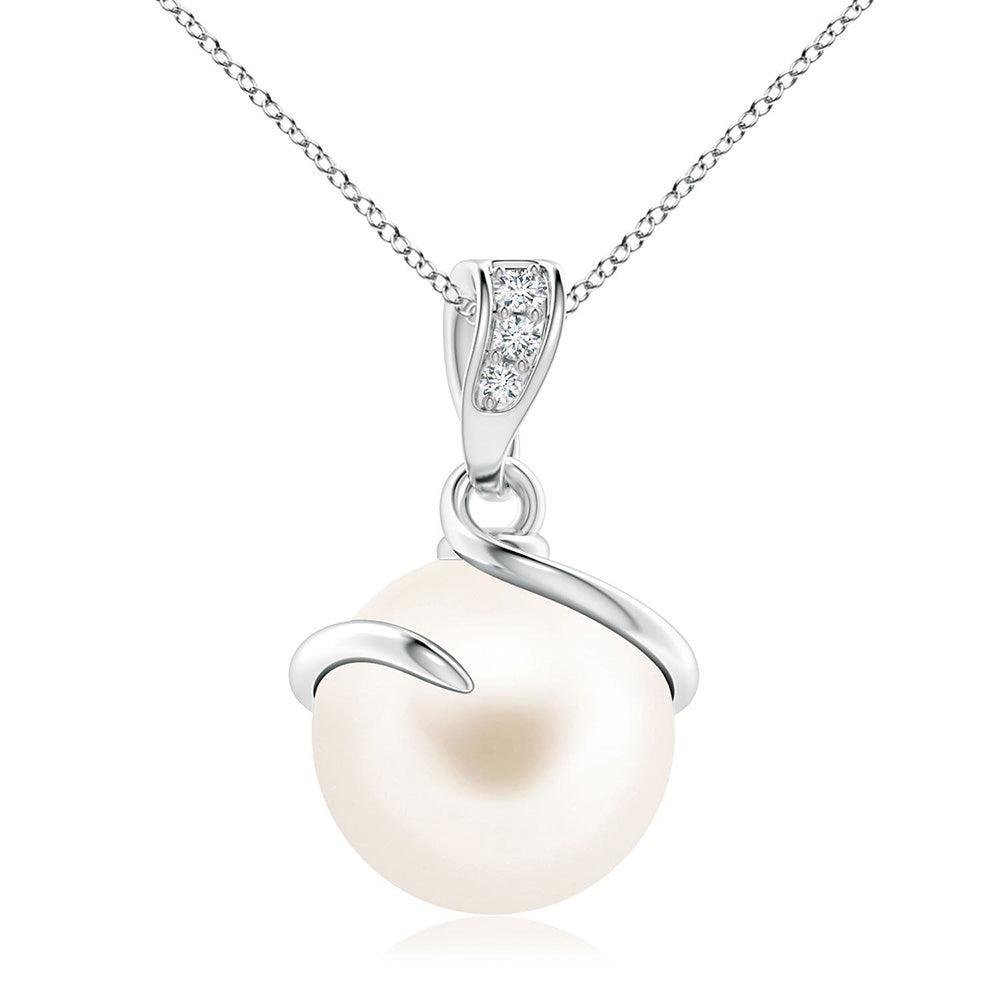 925 Sterling Silver 8MM Freshwater Cultured Pearl Spiral Diamond Pendant Accent