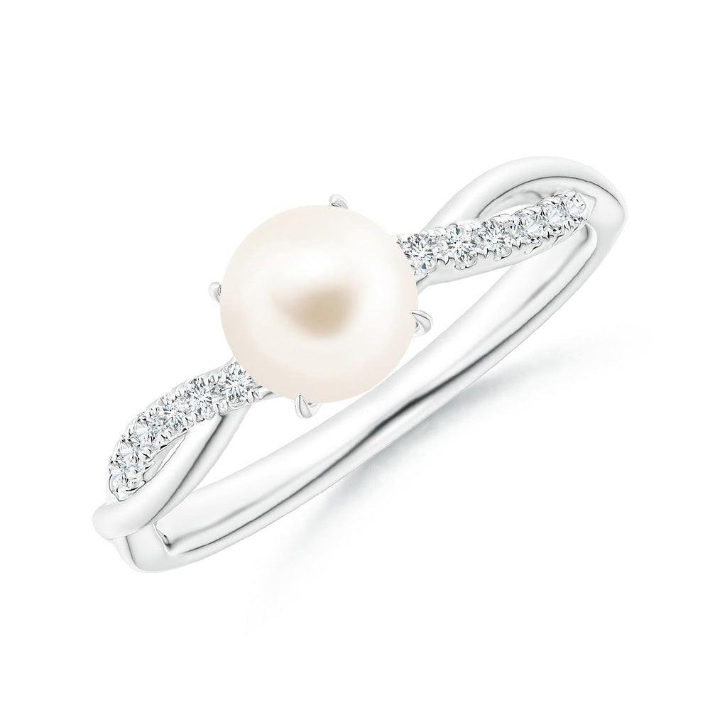 925 Sterling Silver 8MM Freshwater Cultured Pearl Twist Shank Diamond Ring Pave