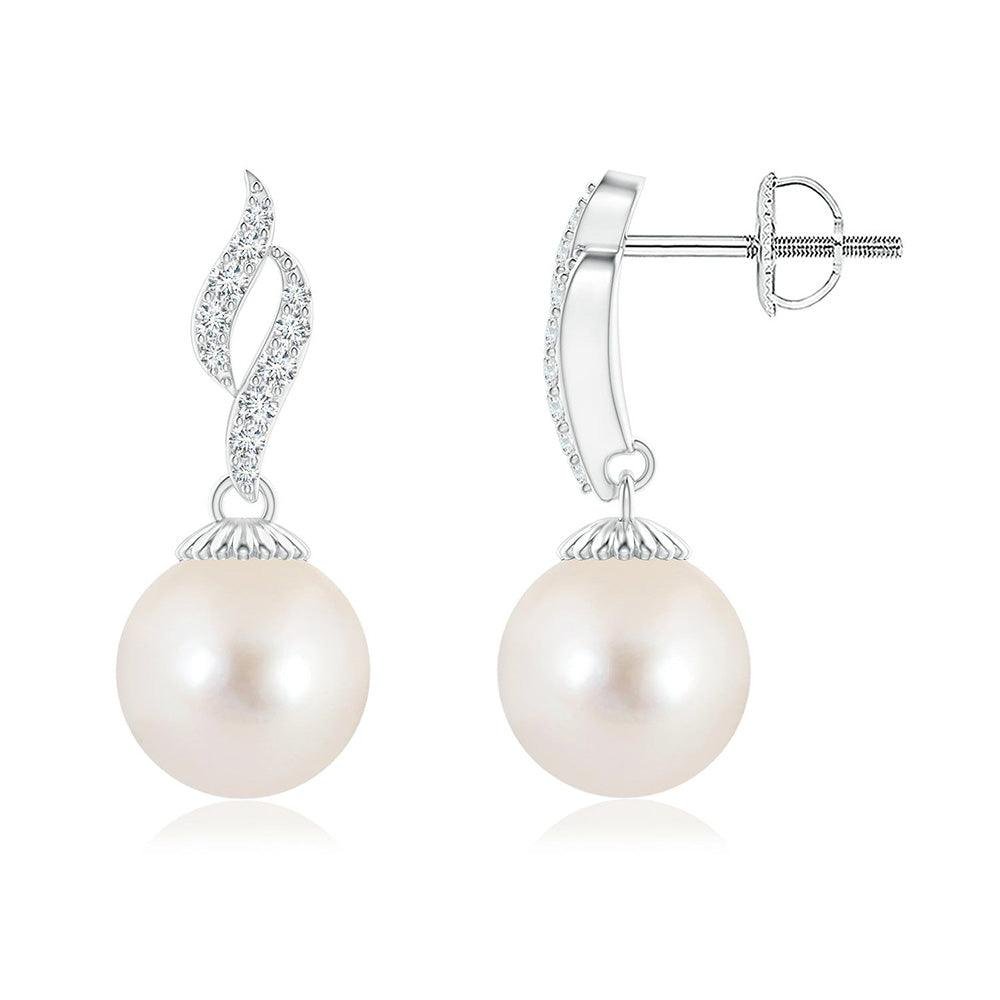 925 Sterling Silver 8MM Luminous Fire Freshwater Cultured Pearl Diamond Earrings Pave