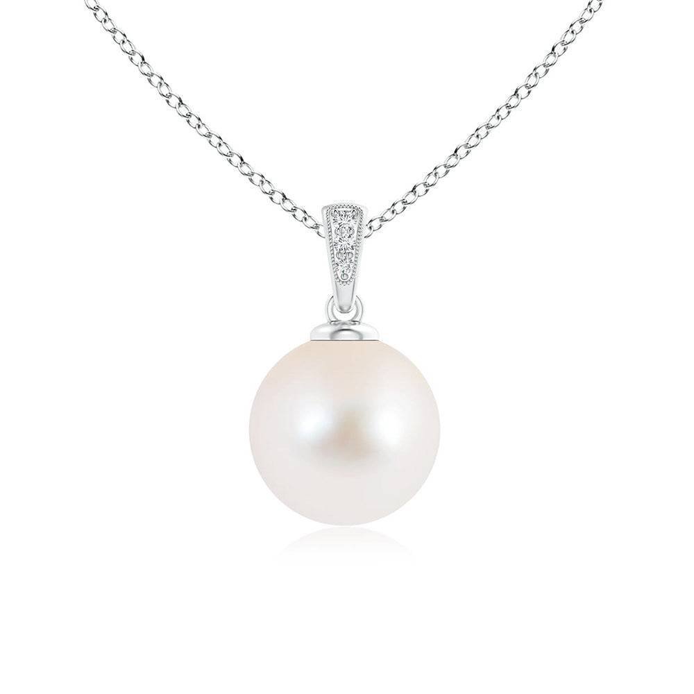 925 Sterling Silver 8MM Solitaire Freshwater Cultured Pearl Diamond Pendant