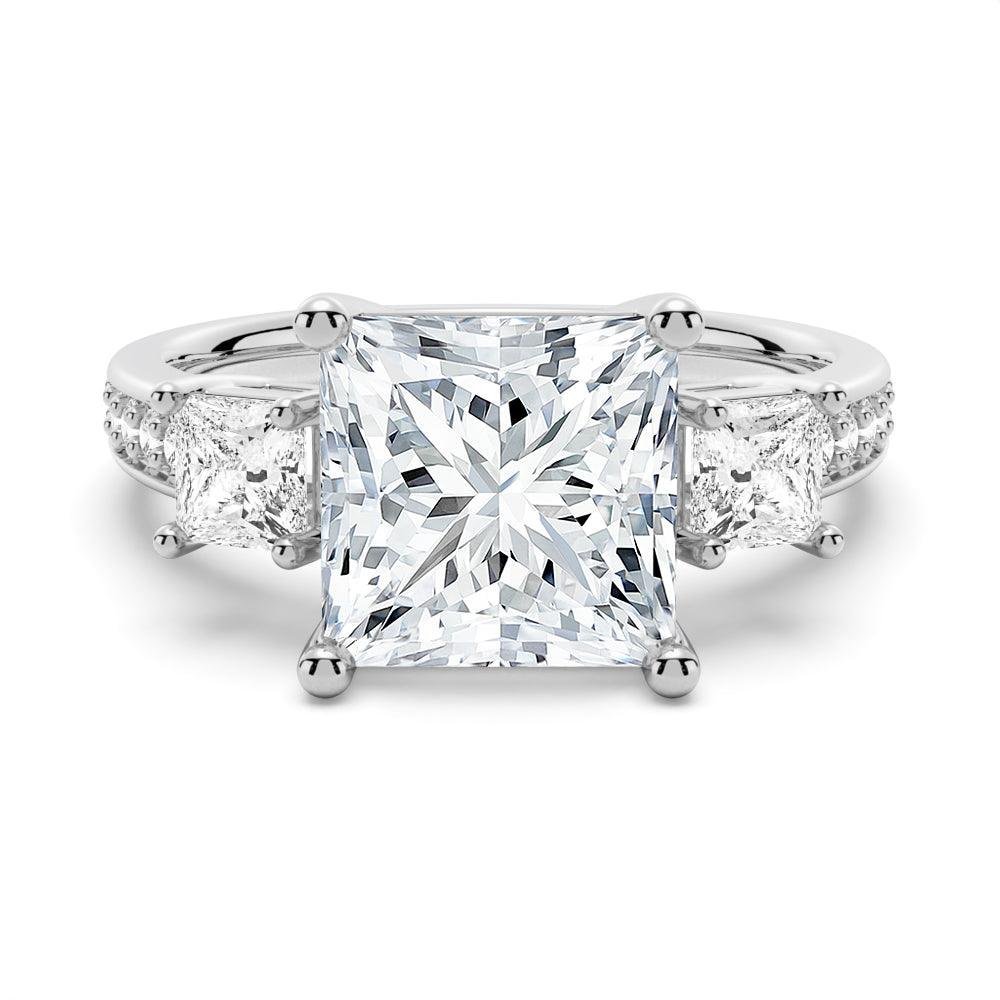 925 Sterling Silver Accented Three Stone Princess Cut Diamond Engagement Ring