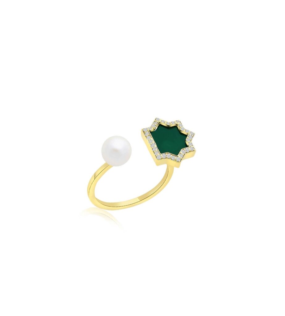 925 Sterling Silver Andalus Knuckle Green Onyx Diamond Pearl Ring