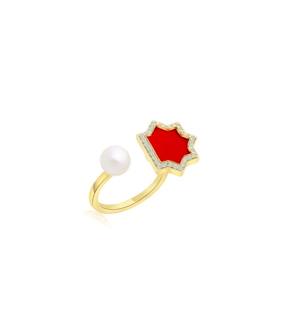 925 Sterling Silver Andalus Maxi Coral Diamond Pearl Ring