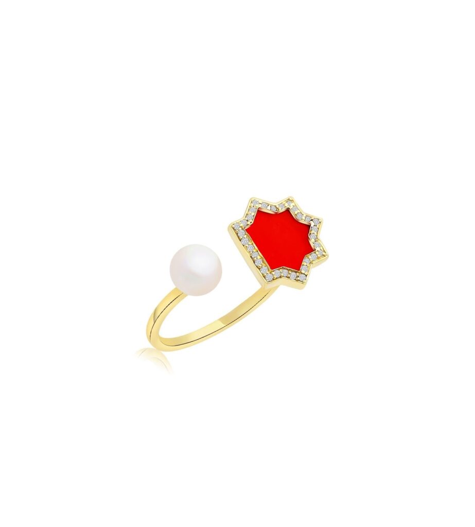 925 Sterling Silver Andalus Mini Coral Diamond Pearl Ring