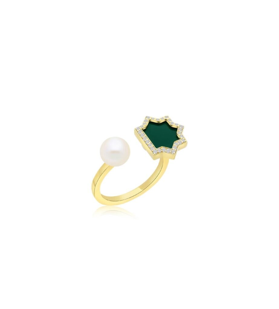 925 Sterling Silver Andalus Mini Green Onyx Diamond Pearl Ring